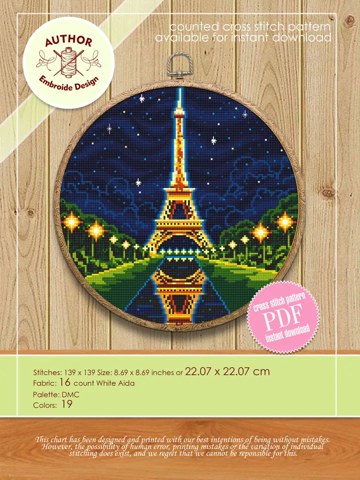 Eiffel Tower cross stitch pattern PDF download Night France Paris cross stitch Modern nature starry sky stitch chart DIY Home decor #E4