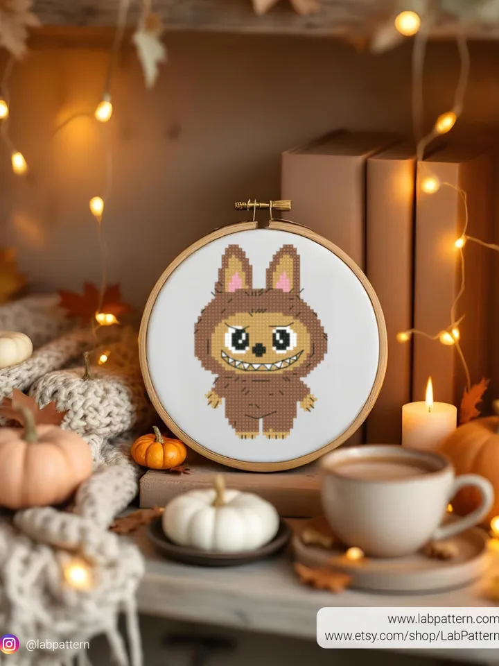 Cute brown monster Cross stitch pattern PDF, Small Cross stitch, Kawaii, beginner counted, Tiny modern chart, gift DIY, embroidery