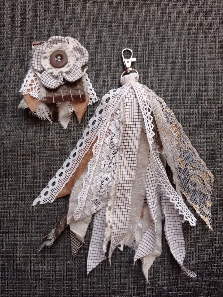 Brooch and keychain made of ribbons and boho fabric set