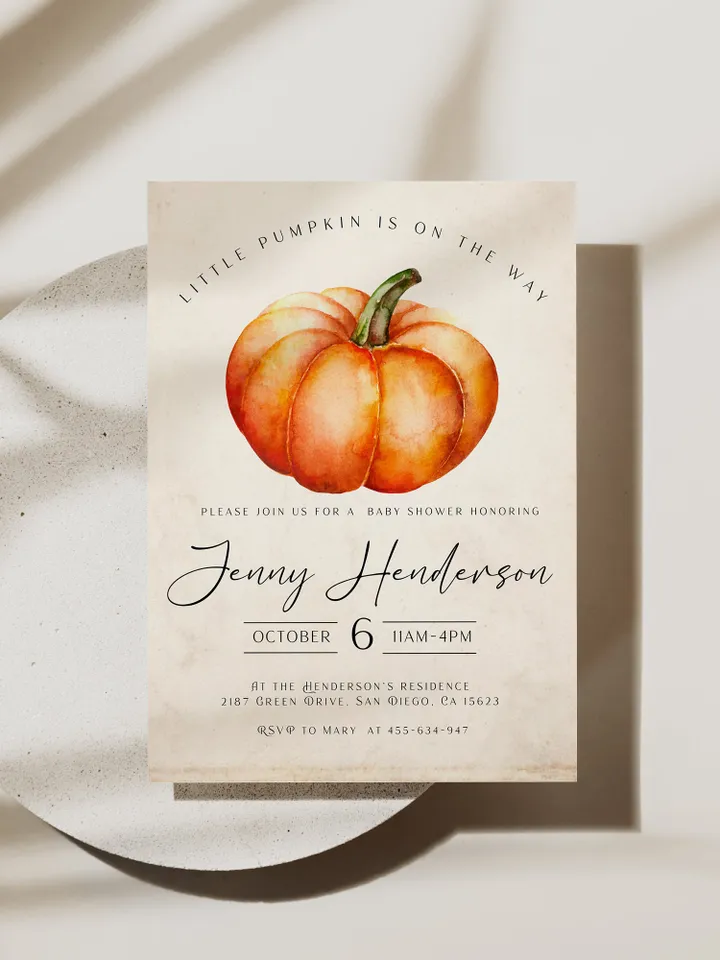 Little Pumpkin is on the way; Editable Autumn Pumpkin Baby Shower Invitation Template Canva; Fall 2022 Autumn Watercolor Pumpkin Invitation