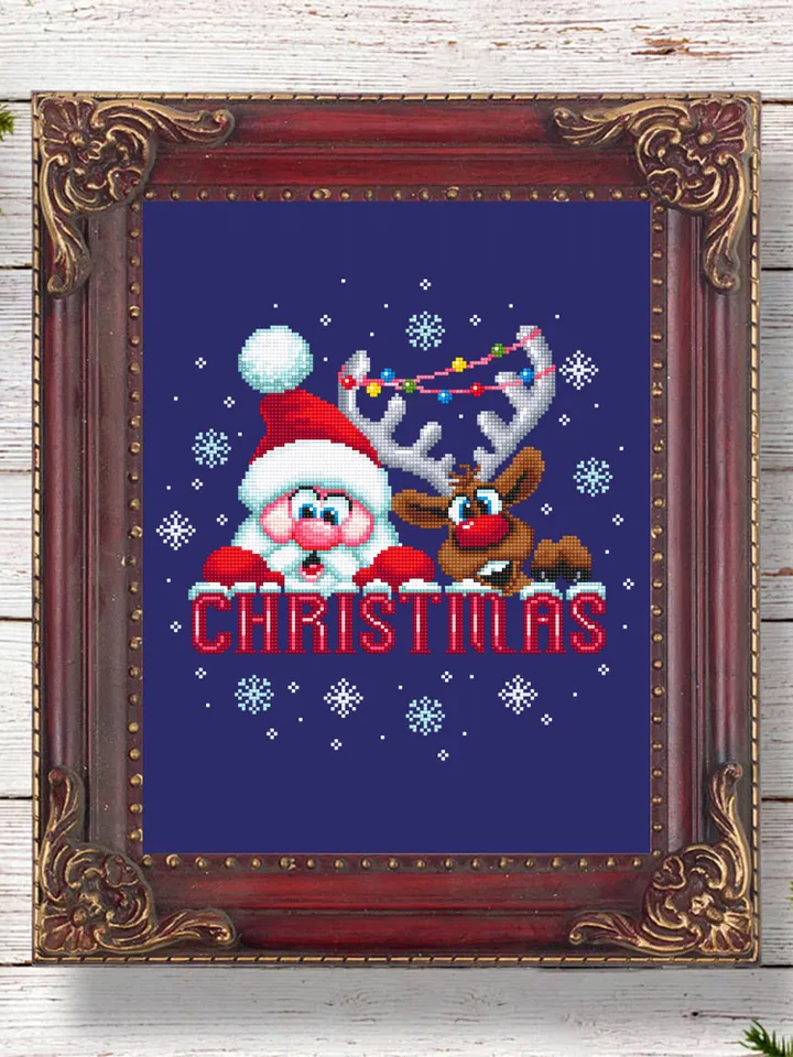 Christmas santa and reindeer cross stitch pattern download PDF Funny deer cross stitch chart, Christmas pattern digital PDF, Home decor #N64