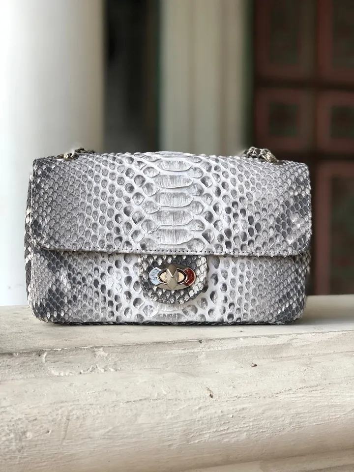 Genuine Python Skin Crossbody Natural Scale Gray Bag | Summer Chain Crossbody Bag | Elegant Clssy Crossbody Python Bag | Leather Bag Women