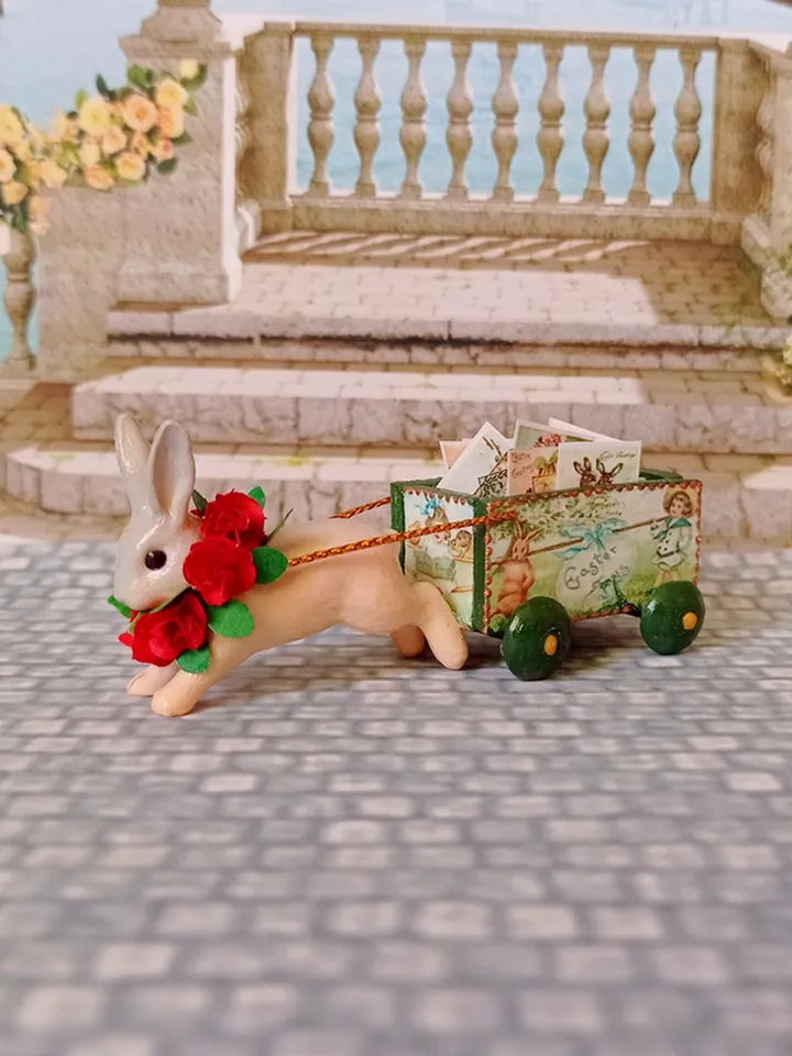 Vintage Easter bunny with a cart. Dollhouse miniature. 1:12. handmade.