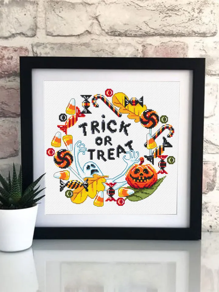 Trick or treat cross stitch pattern download PDF Halloween wreath cross stitch chart, Halloween pattern digital PDF, Candy cross stitch #H49
