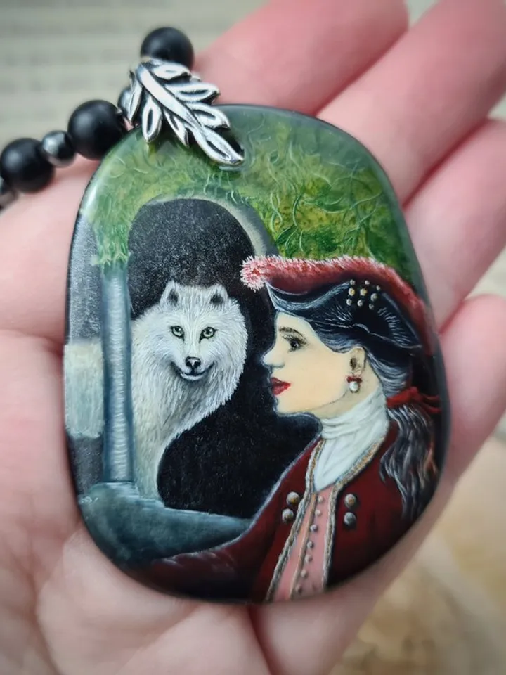 Girl with a white wolf necklace Miniature on agate Hematite and shungite beads