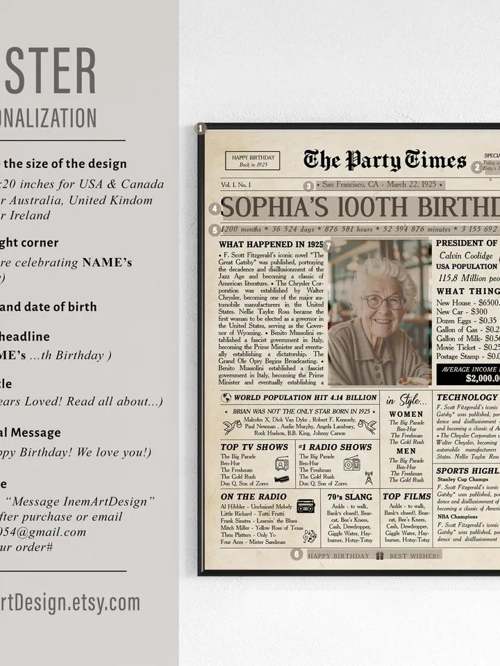 100th birthday newspaper poster for grandma born in 1925 back in 1925 printable sign personalized 100th birthday gift vintage style