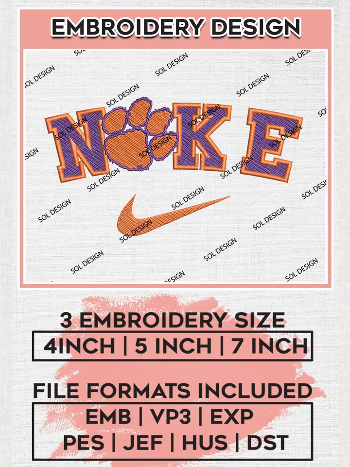 Nike Clemson Tigers Machine Embroidery Design, NCAA Clemson Tigers Embroidery Design Design files, NCAA Embroidery Designs, NCAA Machine Embroidery Designs, Digital Download