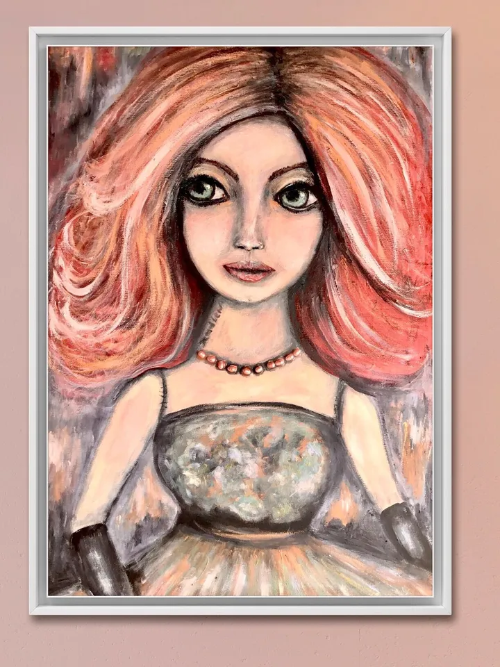 Madlen doll original oil and acrylic mix media painting on stretched canvas.decorated with natural rose river pearls,abstract background.