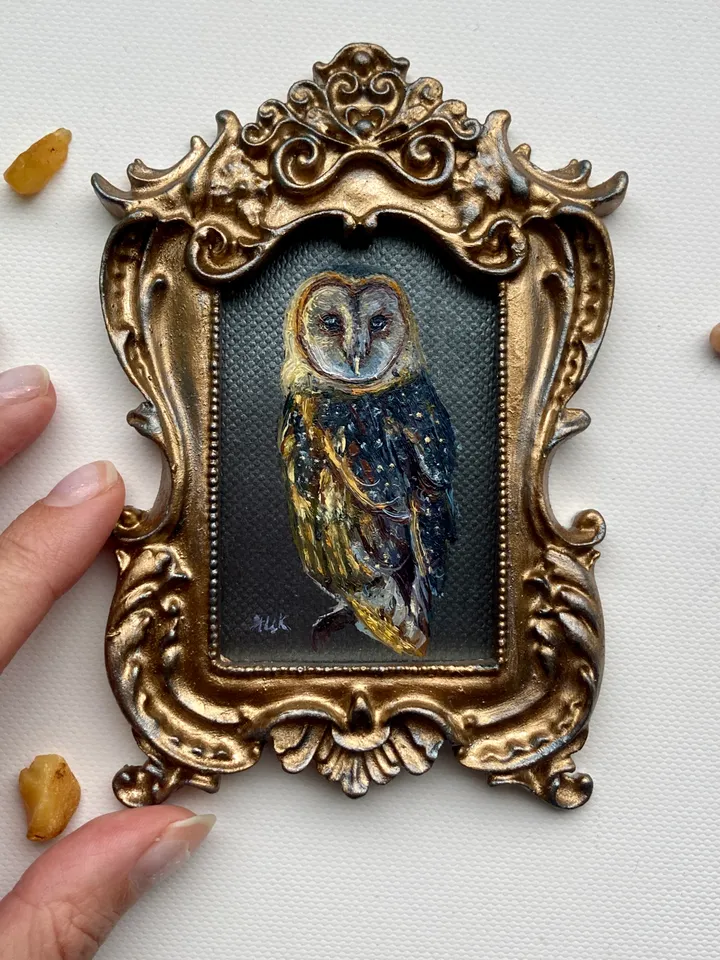 Owl Oil Painting Original In Vintage Style Frame Small Framed Bird Art Barn Owl