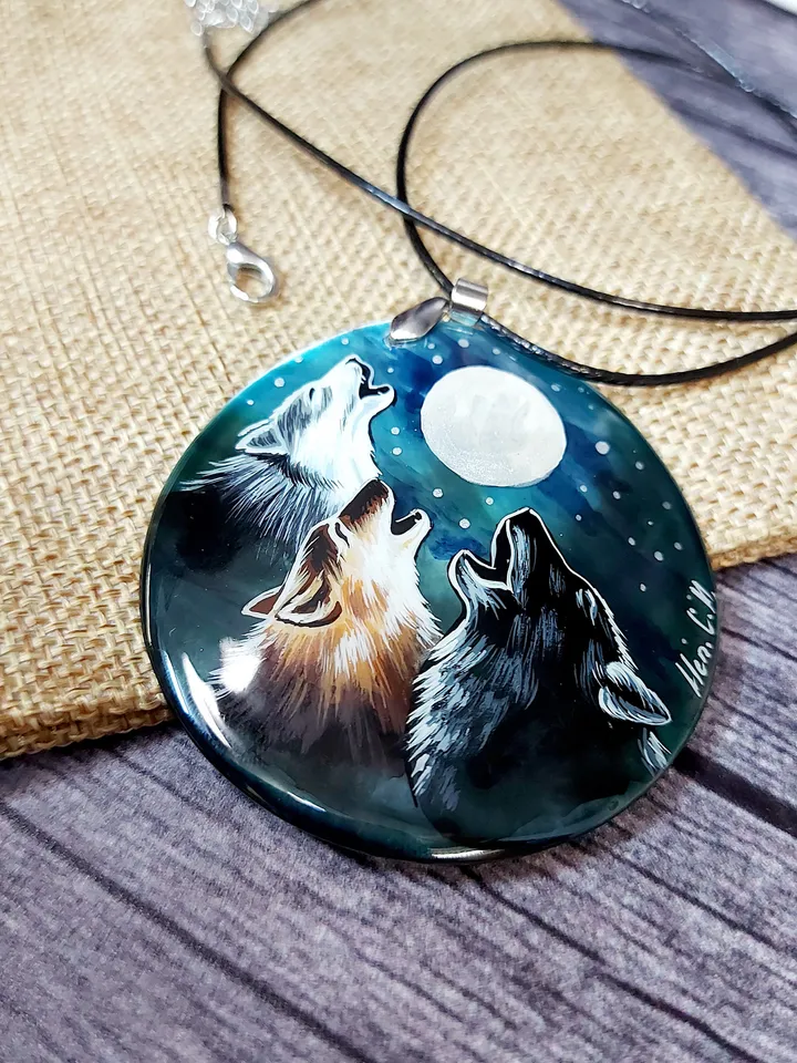 Pearl pendant necklace: The hunting pack of Wolves is howling on the moon • unique handmade jewelry • statement aesthetic necklace for dress