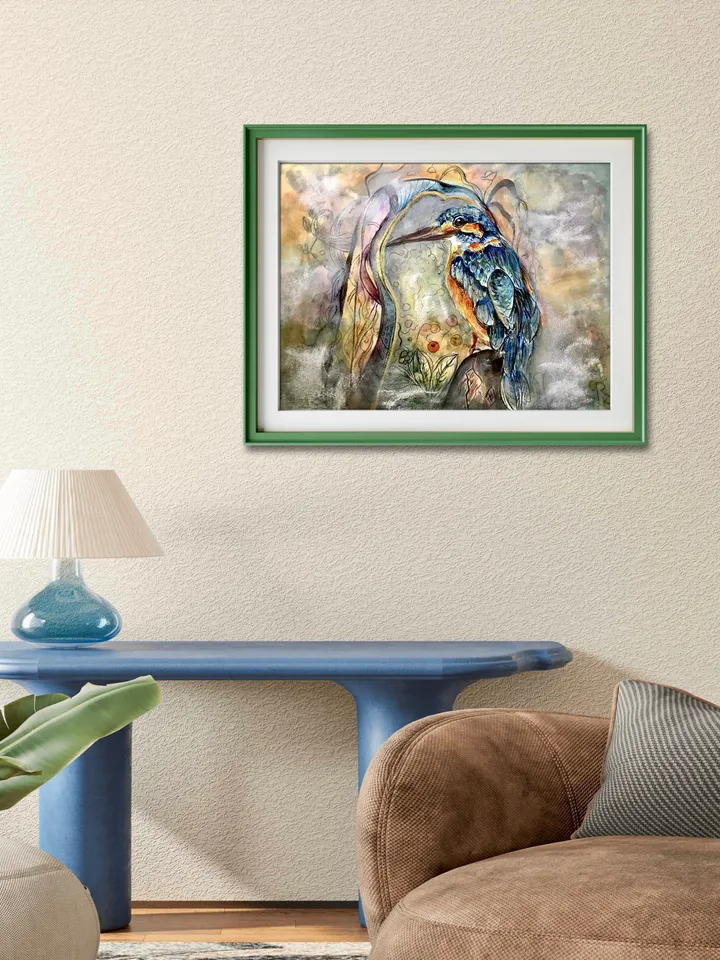 Kingfisher bird original watercolour mix media painting on watercolour paper,birds painting original wall art,interier decoration,gift.