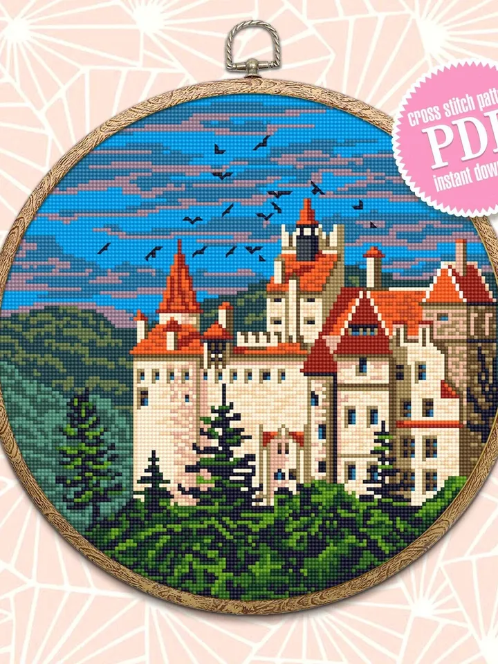 Dracula's Castle cross stitch pattern download PDF Old Bran castle embroidery PDF, Nature landscape cross stitch Medieval castle picture #C4