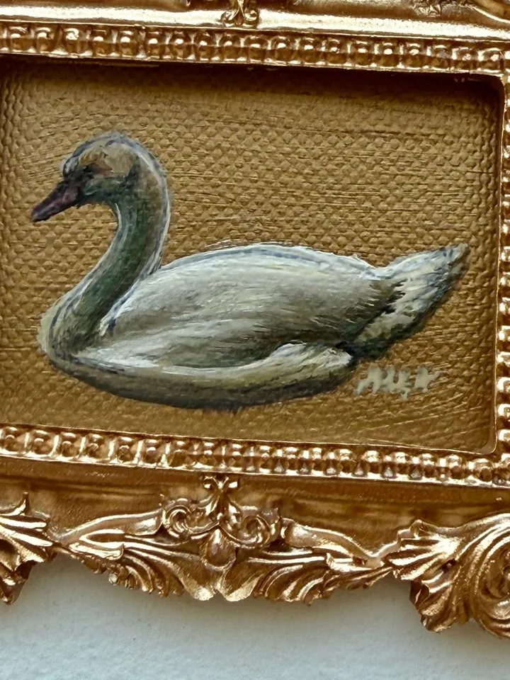 Framed Swan Oil Painting Original White Swan Art Bird Painting Gold Frame Dark Academia