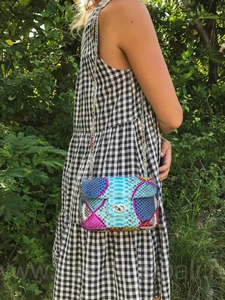 Genuine Python Skin crossbody bag blue multicolour | Adjustable Chain Classy Elegant Crossbody Small Lady Summer Bag | Python Purse
