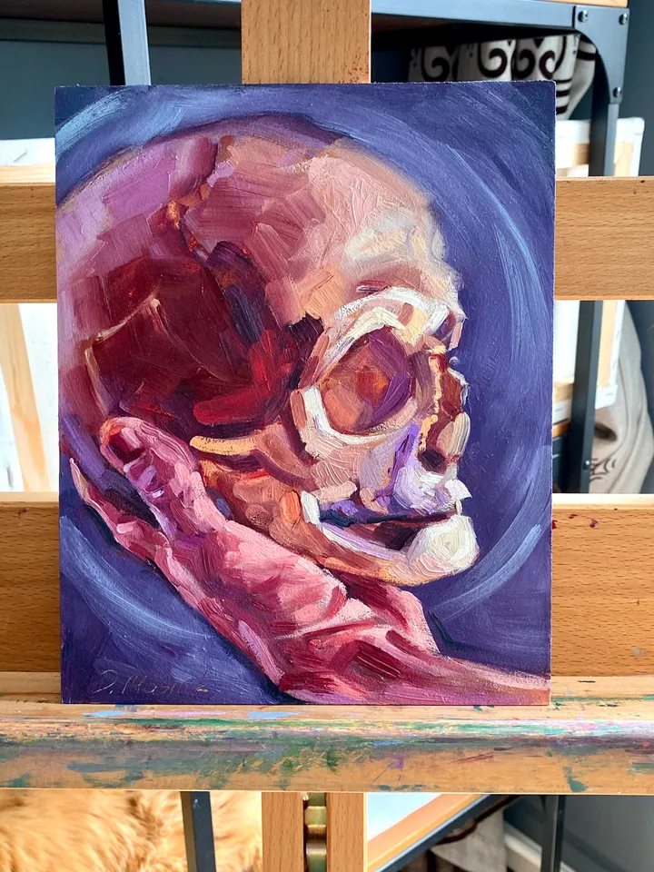 Human Skull Painting Original Skeleton Artwork Oil On Panel 8x10 Inch Anatomy Art