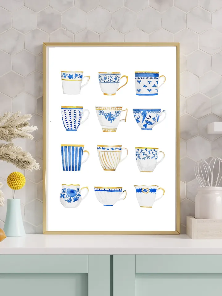 Teacups Art Print Blue And White Watercolor Painting Chinoiserie Wall Art Poster Tea Art Gift For Tea Lovers Vintage Tea Cups Kitchen Print