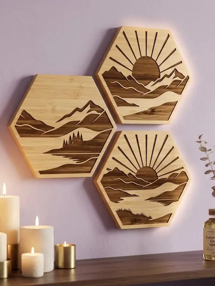 Sunrise Mountain Lake SVG | Rectangle Panel Scene with Sun Rays, Pine Trees & Reflection | Metal Wall Art & Laser Cutting | Instant Digital Download