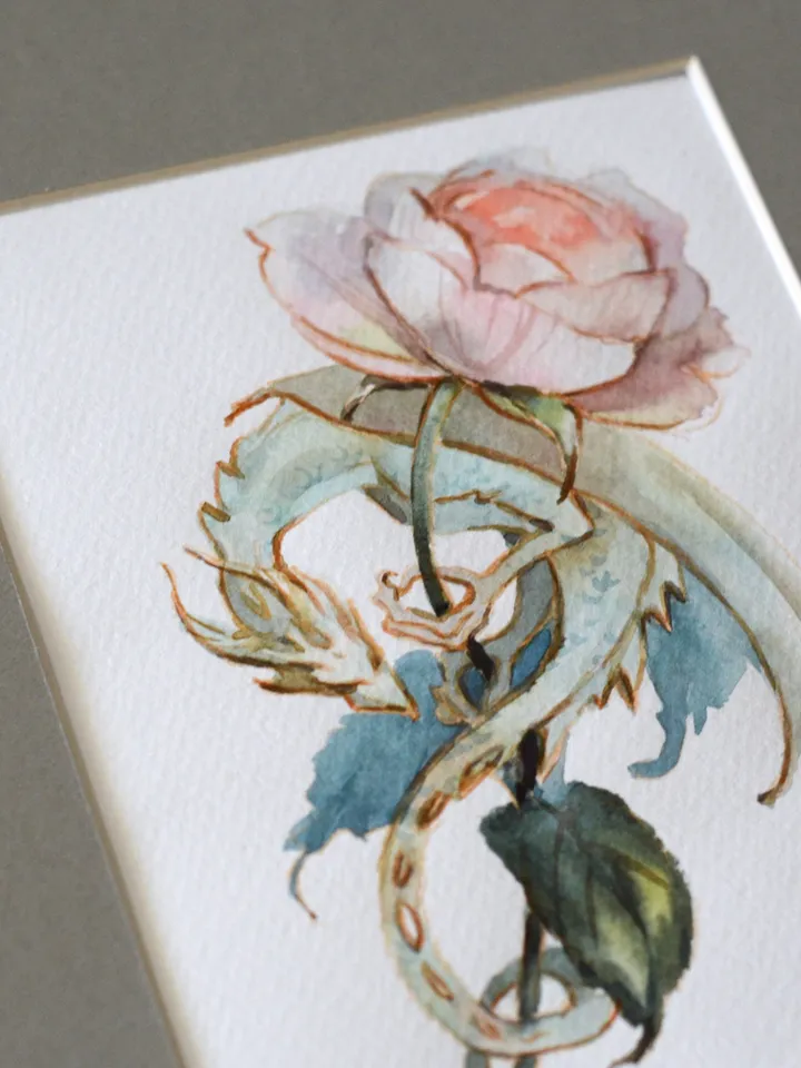 Rose dragon Watercolor painting Original fantasy art by Yulia Evsyukova