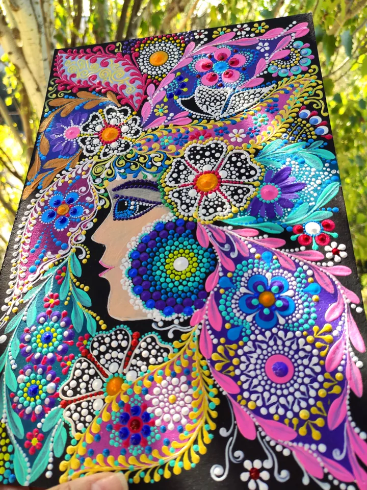 Girl Dot Painting. Floral Portrait Acrylic Original Art 30 by 20 cm / 12 by 8 ''