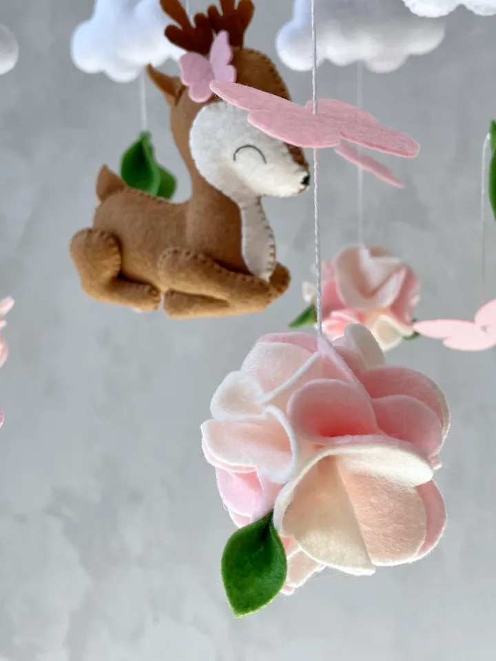 Deer mobile baby girl with flowers and butterflies, Woodland crib mobile girl