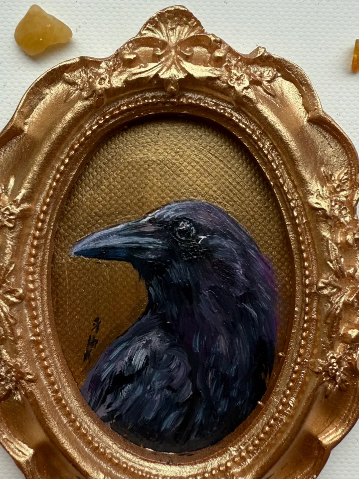 Framed Raven Painting Small Original Corvid Artwork Crow Art Tiny Oil Painting Bird Oval Frame
