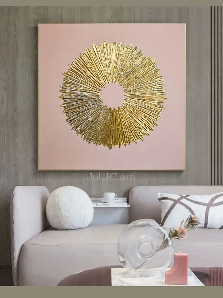 Gold and Pink Abstract Painting Sunburst Textured artwork Original Art Gold Wall Decor Above couch decor by Juliya JC