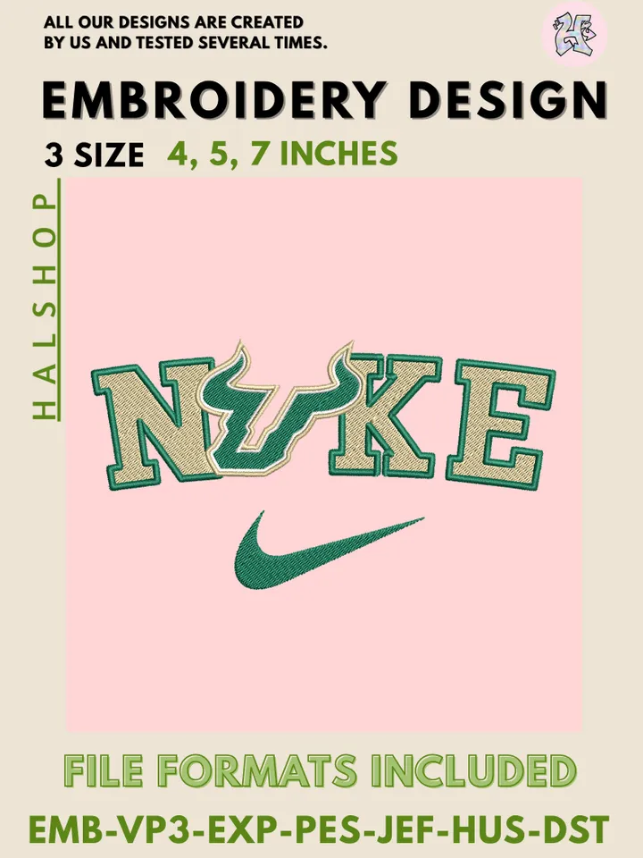 NCAA South Florida Bulls Nike Logo Embroidery Files | Machine Embroidery Design | 3 Sizes, 6 Formats | NCAA Teams
