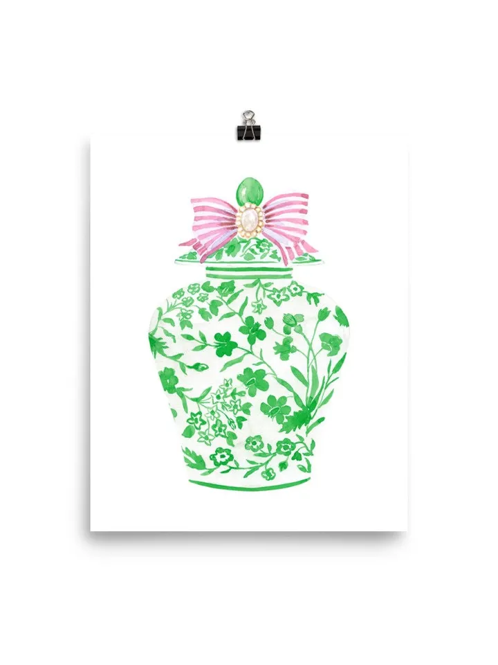 Green Chinoiserie Ginger Jar Vase, Porcelain Wall Art Print, Green Ginger Jar, China Vase Print, Pink And Green Decor Print