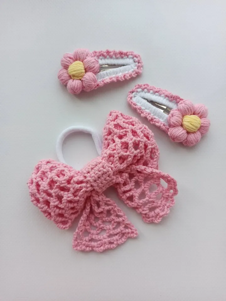 Crochet hairpin,set accessories for hair,crochet bow, holiday hairstyle, pink