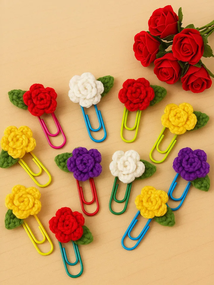 Micro Crochet Rose Paper Clip Bookmark, Cute Floral Planner Accessories, Perfect Gift for Book Lovers and Journal Enthusiasts
