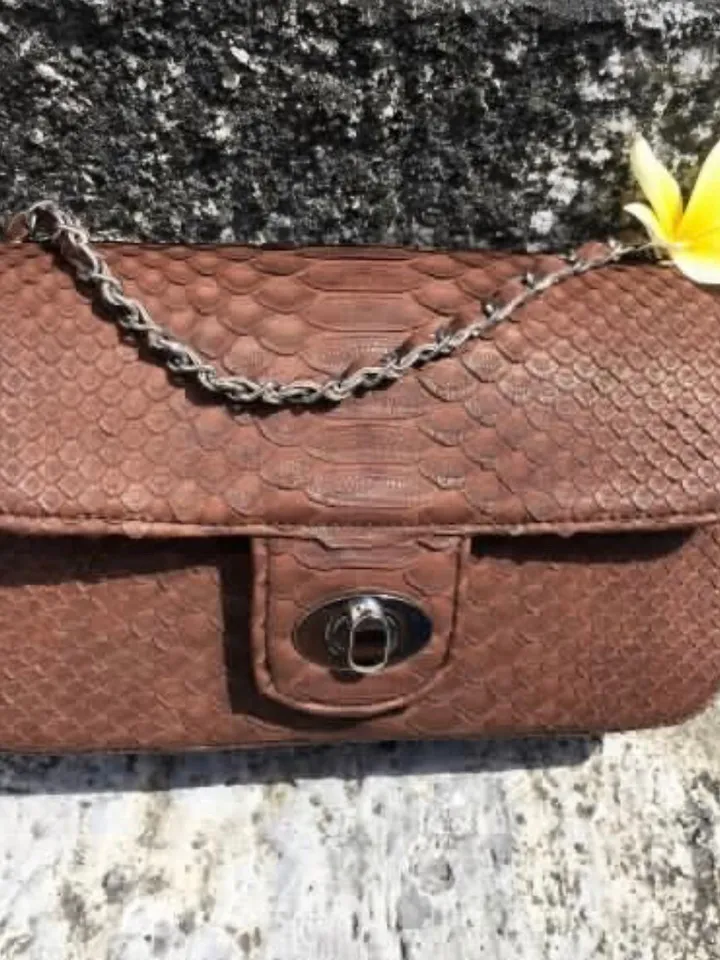 Brown Genuine Python Skin Crossbody Chain Bag | Bright Summer Bag | Elegant Women Bag | Chain Strap Crossbody Chocolate brow classy Purse