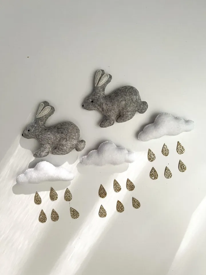 Bunny and Gold moon baby mobile, neutral nursery decor