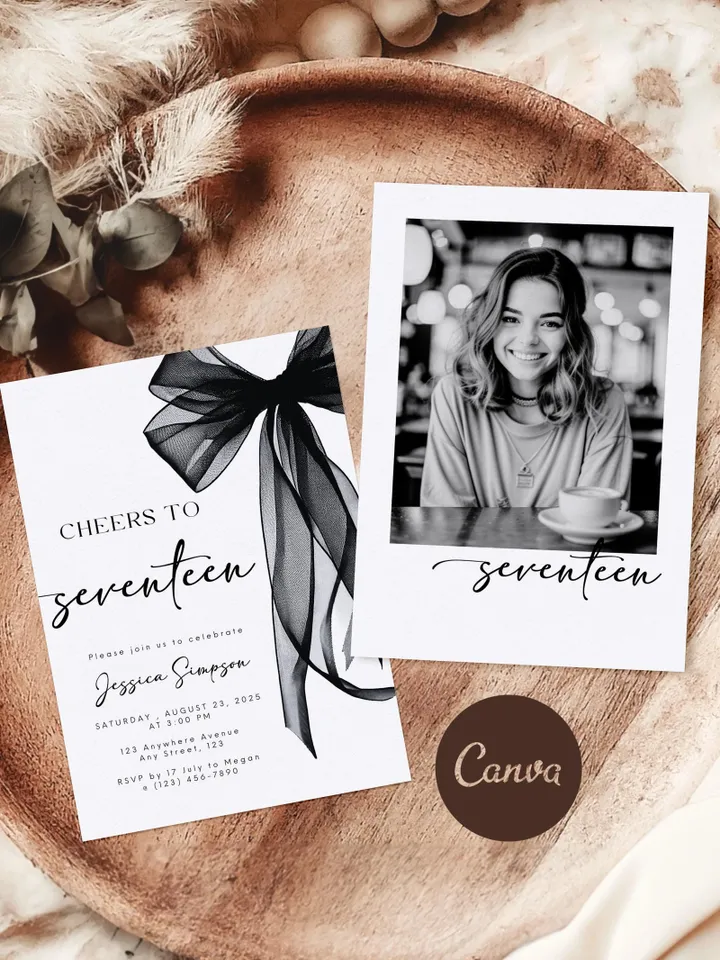 Coquette Black Bow 17th Invitation, Editable Seventeenth Birthday Party Invite, DIY Digital Black Ribbon, Cheers to Seventeen Invite