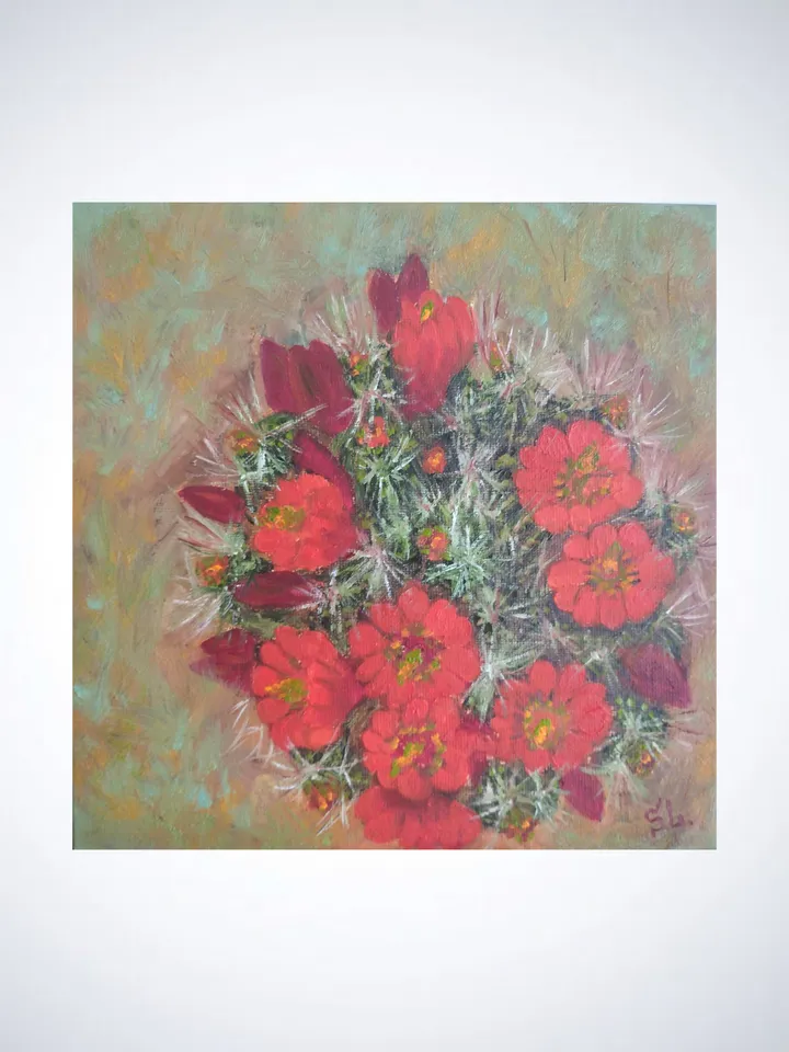 Oil painting of blooming cactus covered with thorns, original painting with red flowers, canvas 8x8 inches