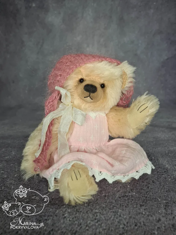 Mohair teddy bear in dress. Jointed bear toy. Handmade teddy bear. Artist bear.