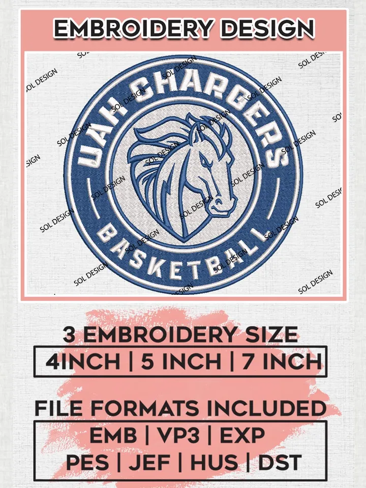 NCAA UAH Chargers Basketball Team Round Logo Embroidery Design Files, NCAA Alabama Huntsville Chargers Machine Embroidery, NCAA Teams, 3 sizes, NCAA Machine embroidery designs, Digital Download