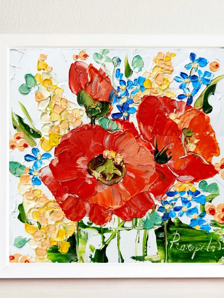 Poppy Painting Floral Original Art Impasto Oil Painting Red Flowers Small Artwork Blooms Bliss Wall Art Impressionist Art by ArtProkopaloSv