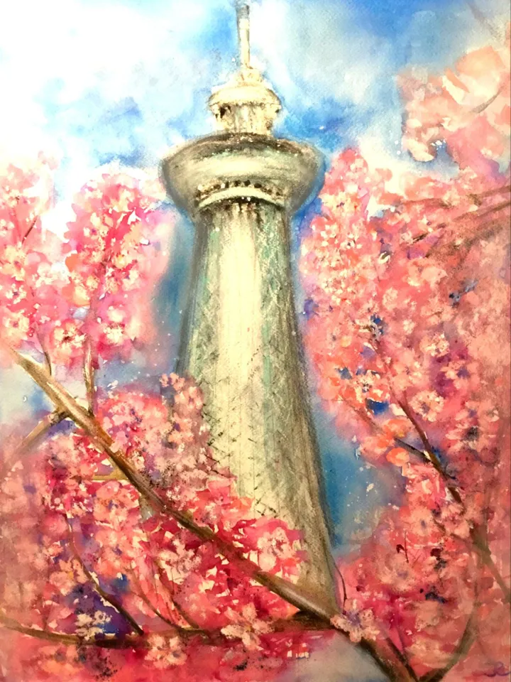 Japan painting,Tokio painting,original watercolour,pastel painting,sakura flowers wall art.