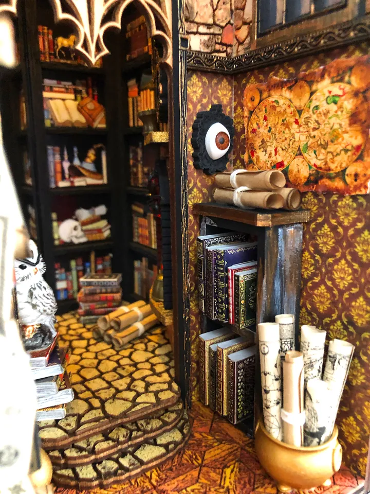 Book nook library Diorama Bookshelf Insert Dark Academia booknook, Wizard library, bookshelf insert, Magic light, Secret library