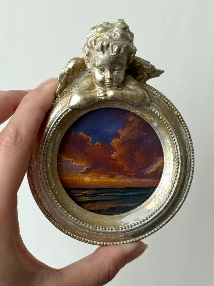 Small Landscape Oil Painting Framed Original Colorful Pink Clouds Antique Ocean Art Coastal Antique Frame Tiny Paintings 4 x 4 Art Victorian artwork