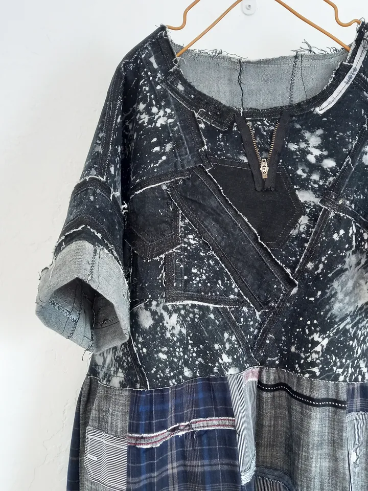 Boho black denim dress by recycled jeans and shirts