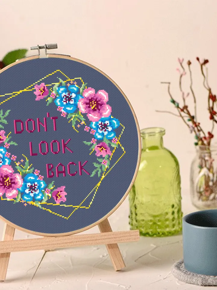 Motivational quote cross stitch pattern Dont look back Instant download PDF, Floral wreath cross stitch chart, Flower border pattern #Q16