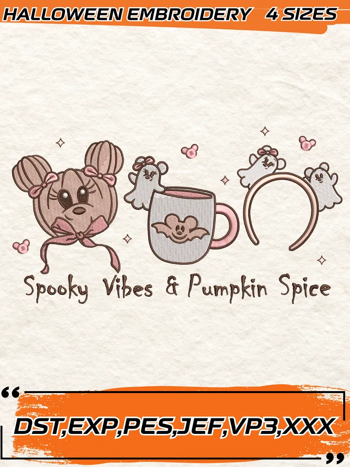 Magical Minnie Pumpkin Embroidery Design,Spooky Vibes Pumpkin Spice Embroidery Design, Halloween Design,4 Sizes,Digital Download