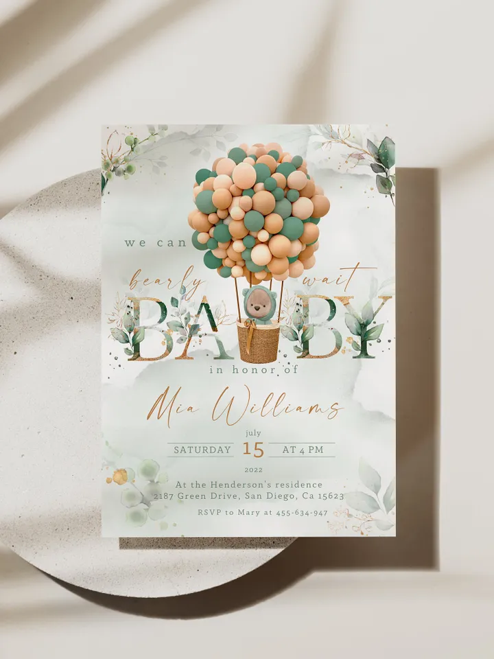 Teddy Bear Hot Air Balloon Baby Shower; We can bearly wait; Editable Teddy Bear Ballons Baby Shower; Neutral Gender Baby Shower Invitation