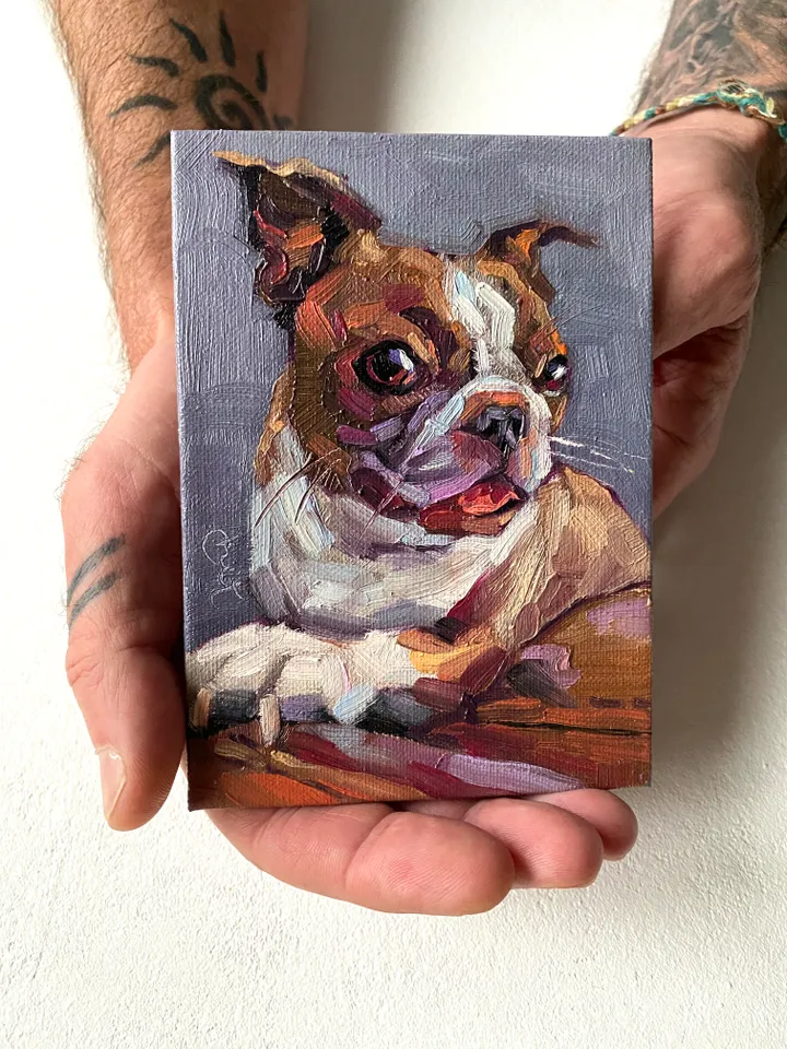 Dog oil painting original, Pet portrait artwork, Animal miniature wall art 4x6