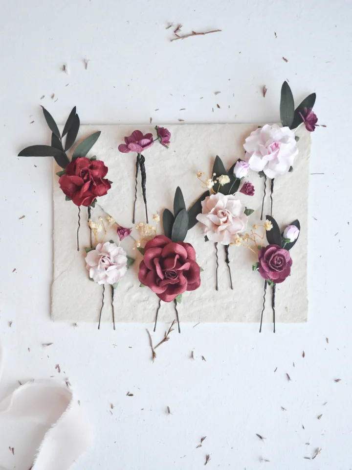 Burgundy Blush hair pins, Bridal hair pins, Floral hair pins, Bridesmaid hair pin, Set of hair pins, Floral hair pin