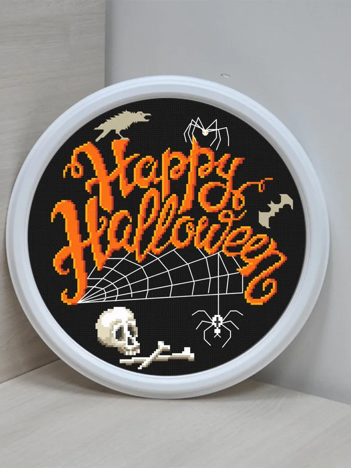 Happy Halloween cross stitch pattern download PDF Halloween skull cross stitch Spooky xstitch chart Halloween quotes Magic embroidery #H10