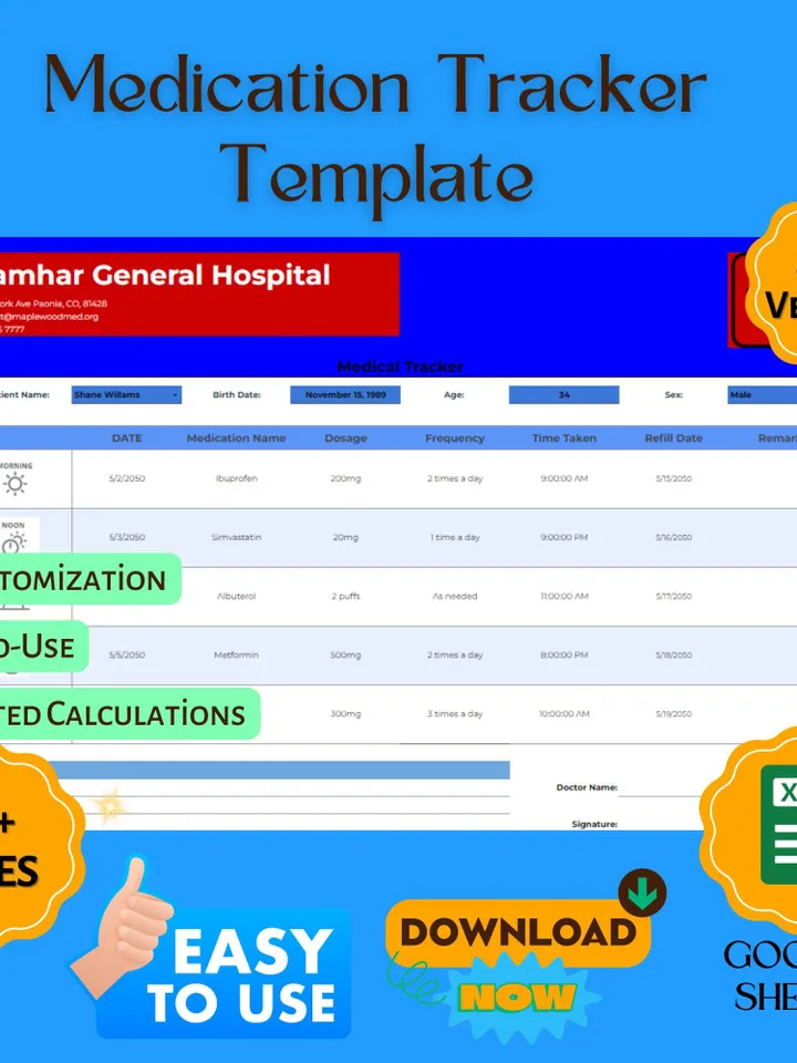 Medication Tracker Template, Google Sheets Health Tracker, Digital Download, Easy-to-Use Medicine Log for Personal  Family Wellness