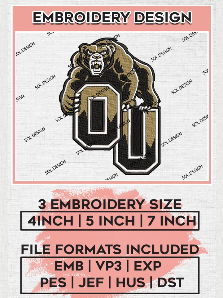 NCAA OU Golden Grizzlies Team Mascot Logo embroidery designs, NCAA Oakland Golden Grizzlies Machine embroidery designs, NCAA College Team Logo embroidery designs, Machine embroidery designs, Digital Download