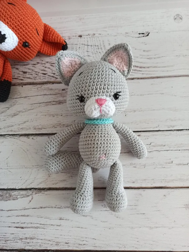 Hand woven stuffed toy cat, crochet toys animals, gift for kids, first toy,